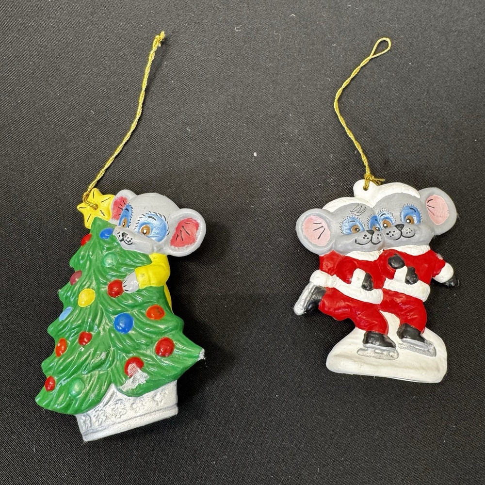 Lot of 2 Ceramic Hand Painted Mouse Christmas Ornaments